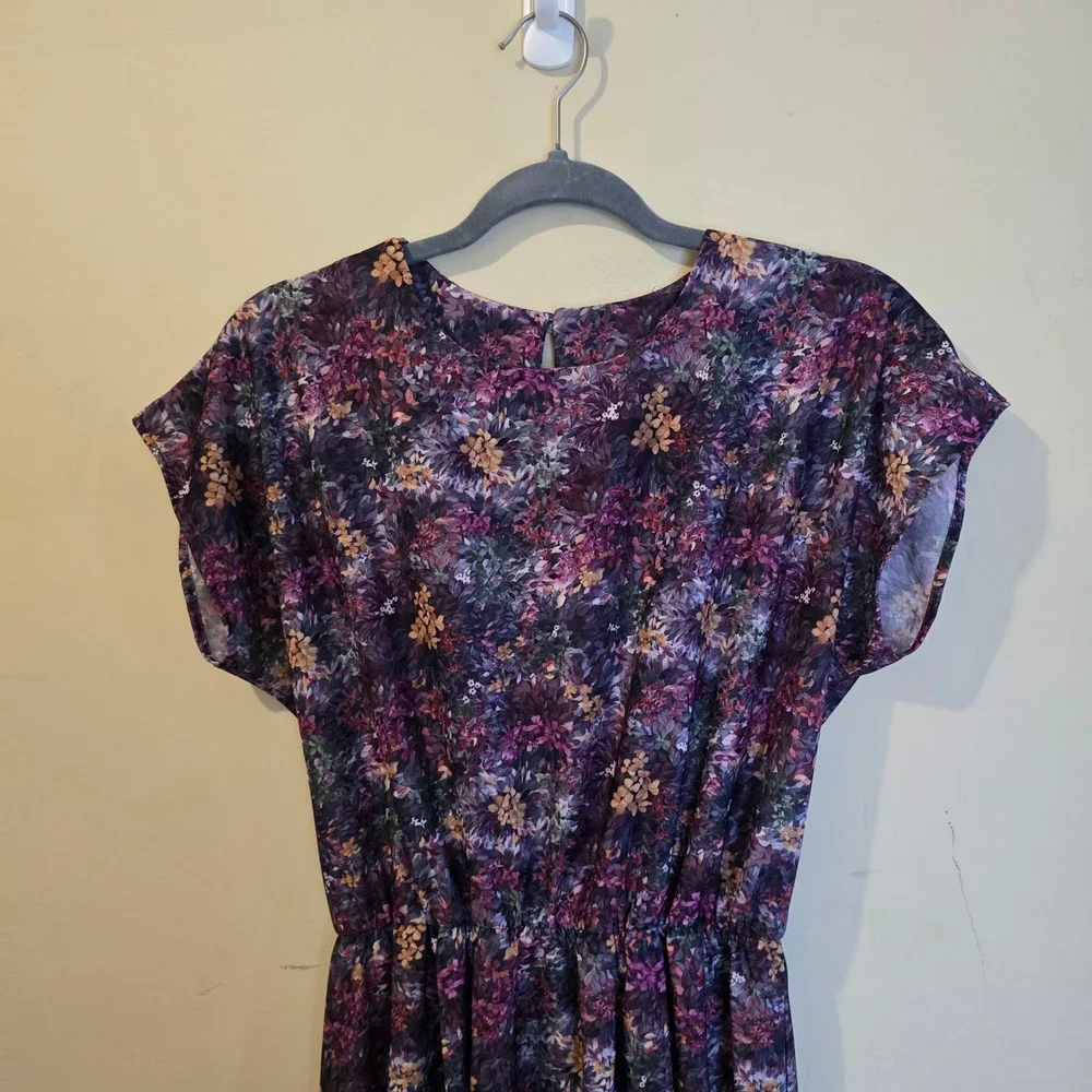 Anthony Richards Vintage Floral Midi Dress Purple Elastic Waist Made in USA 10